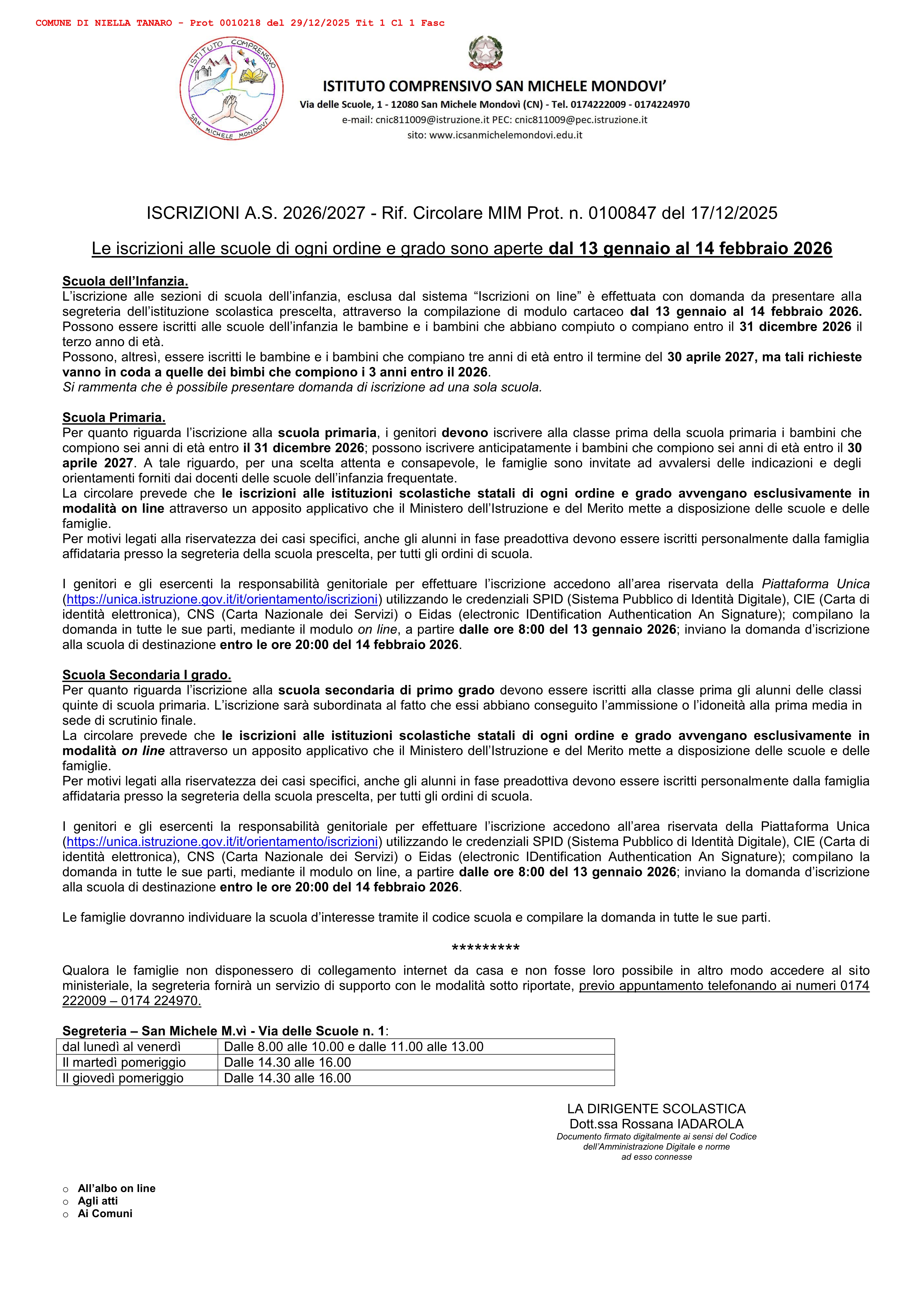 Iscrizioni A.S. 2026/2027 - alle scuole di ogni ordine e grado aperte dal 13 gennaio al 14 febbraio 2026